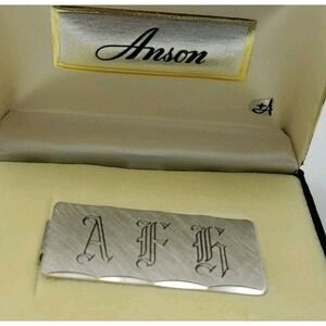 Vtg Anson Money Clip 1/10 Silver Overlay Embossed Plaid Engraved Initials‎ AFH